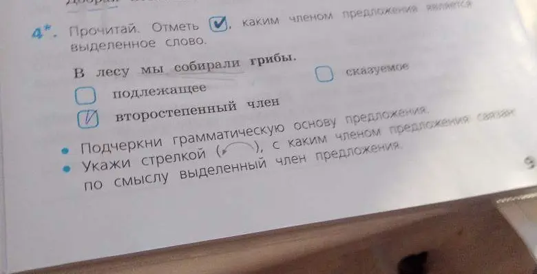 Определи, каким членом предложения является выделенное слово в предложении 'В лесу мы собирали грибы'.