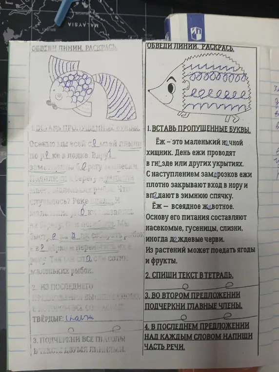 Ты просишь вставить пропущенные буквы, выписать слово с твердыми согласными, подчеркнуть глаголы, списать текст, подчеркнуть главные члены и написать части речи над каждым словом.