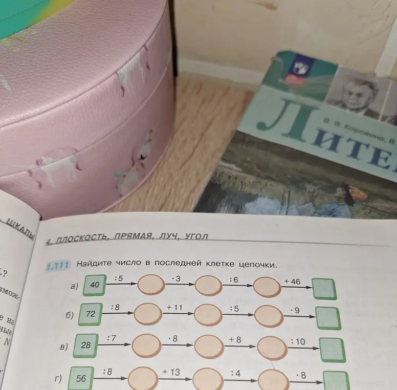 Вычисли число в последней клетке цепочки: 40 / 5, затем * 3, затем / 6, затем + 46
