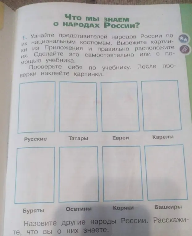 Ты просишь рассказать, как выполнить задание: "Узнайте представителей народов России по их национальным костюмам. Вырежите картинки из Приложения и правильно расположите их."