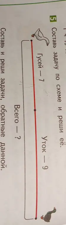 Составь задачу по схеме и реши её, где количество гусей равно 7, а количество уток равно 9.