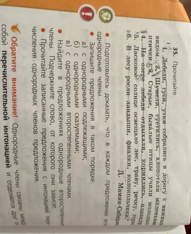 Помоги доказать, что в каждом предложении есть однородные члены и записать предложения с однородными подлежащими, сказуемыми и второстепенными членами.