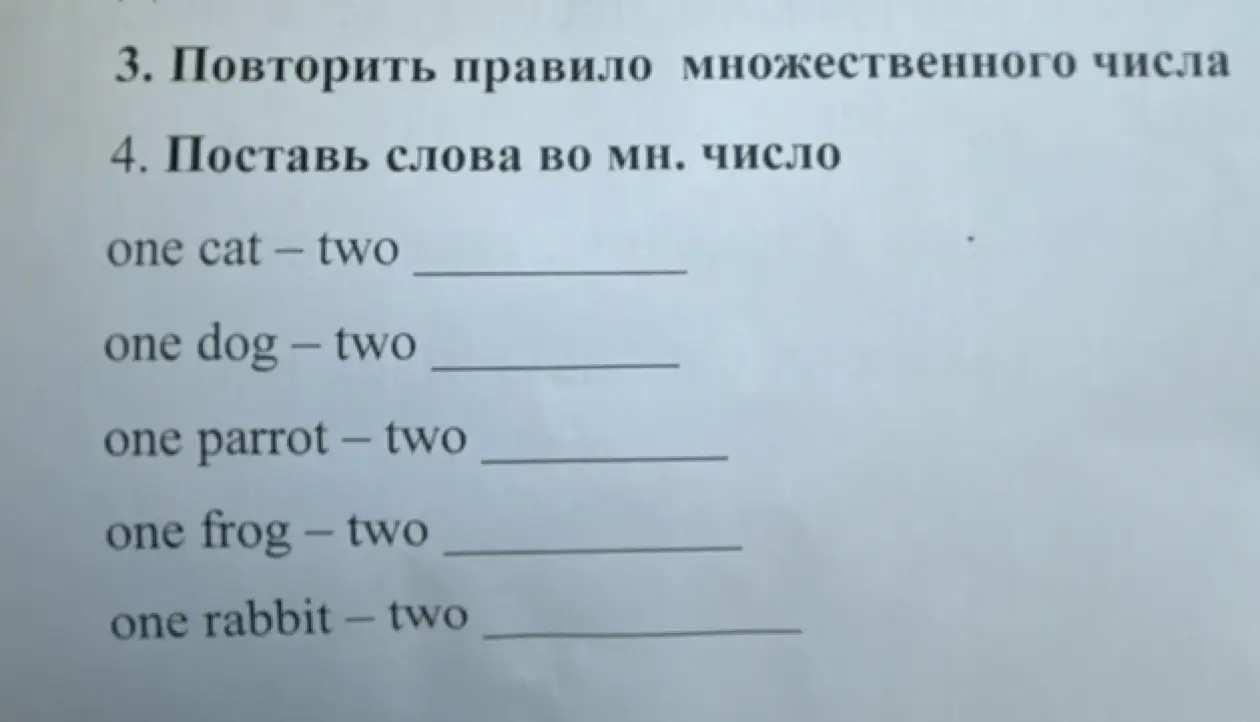 Помоги поставить слова во множественное число: one cat - two