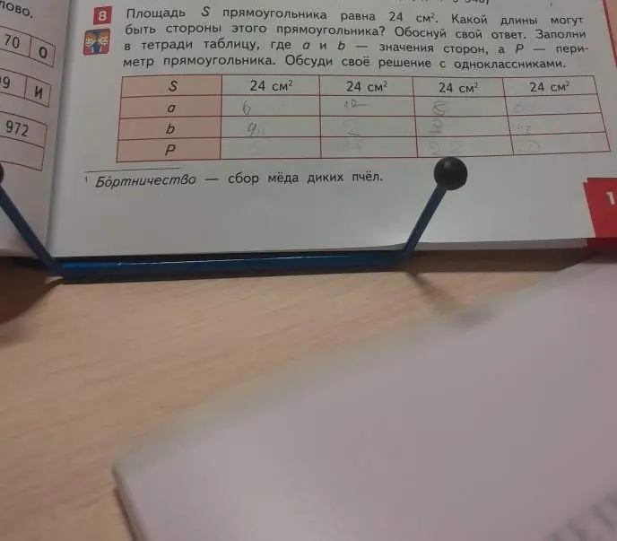 Заполни таблицу, где a и b значения сторон, а P периметр прямоугольника. Площадь S прямоугольника равна 24 см²