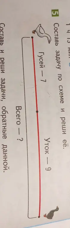 Составь задачу по схеме, где известно количество гусей - 7 и уток - 9, и реши её