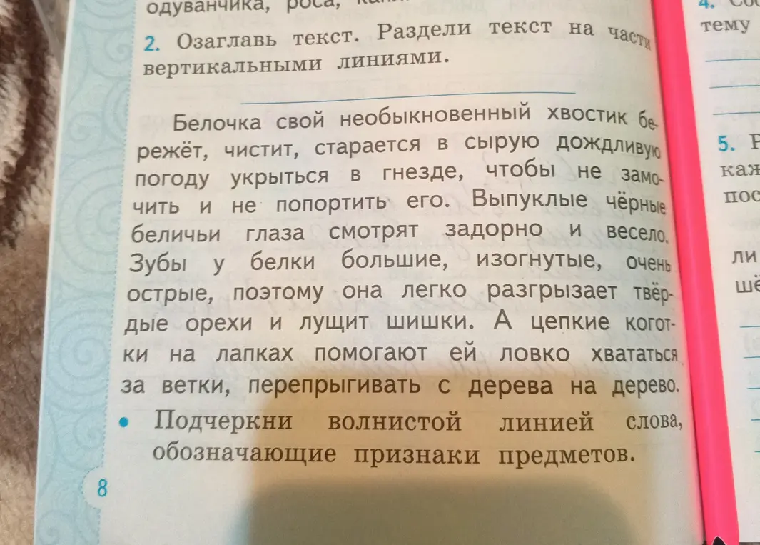 Подчеркни волнистой линией слова, обозначающие признаки предметов в тексте про белочку
