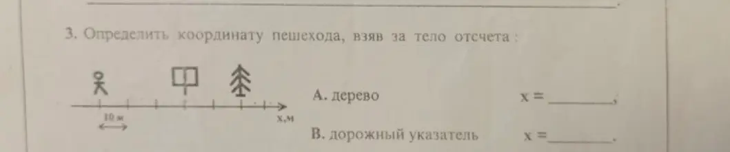 Объясни, как определить координату пешехода, взяв за тело отсчета дерево и дорожный указатель