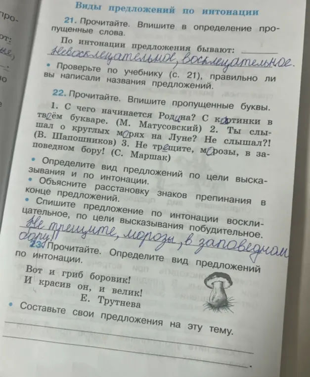 Помоги в упражнении по русскому языку: впиши пропущенные слова и буквы, определи вид предложений, спиши предложения.