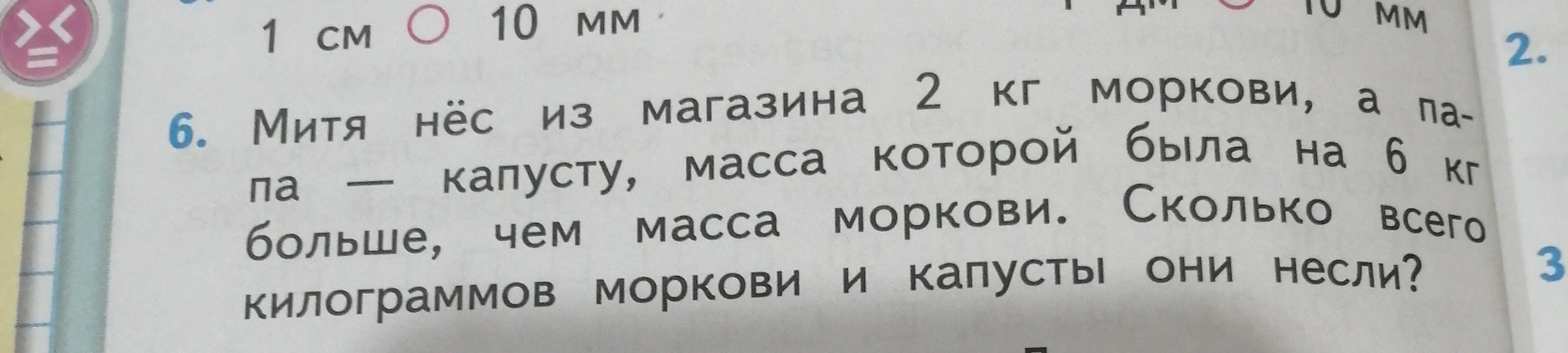 Реши задачу: Митя нёс из магазина 2 кг моркови, а папа — капусту, масса которой была на 6 кг больше, чем масса моркови. Сколько всего килограммов моркови и капусты они несли?
