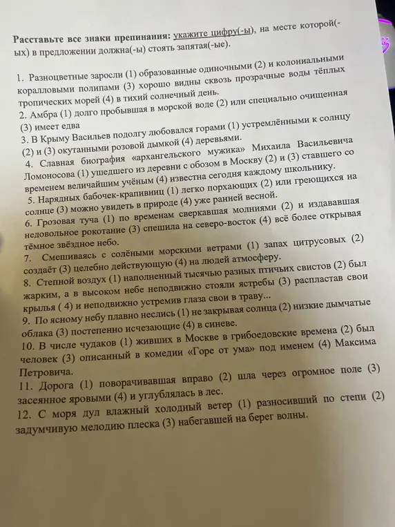 Укажи цифры, на месте которых в предложениях должны стоять запятые.