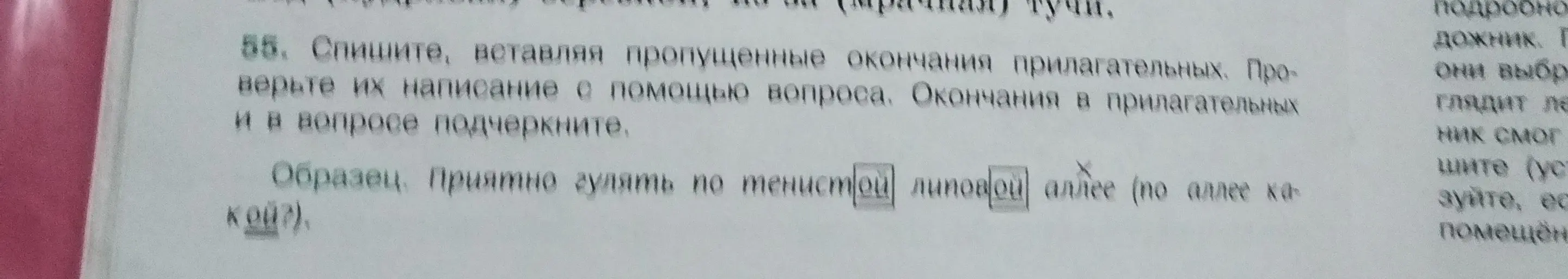 Вставь пропущенные окончания прилагательных в упражнении, проверь их написание с помощью вопроса. Окончания в прилагательных и в вопросе подчеркни.