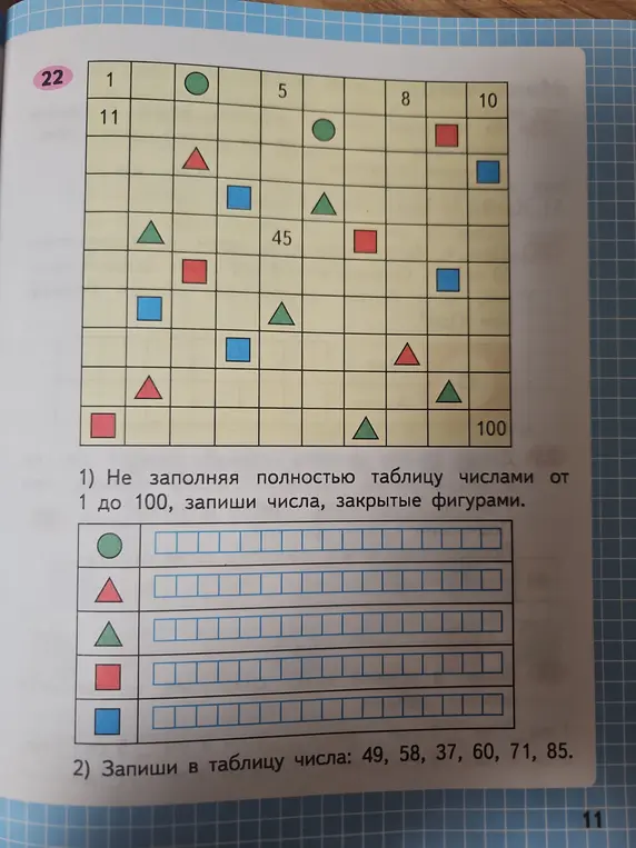 Помоги мне не заполняя полностью таблицу числами от 1 до 100, записать числа, закрытые фигурами.
