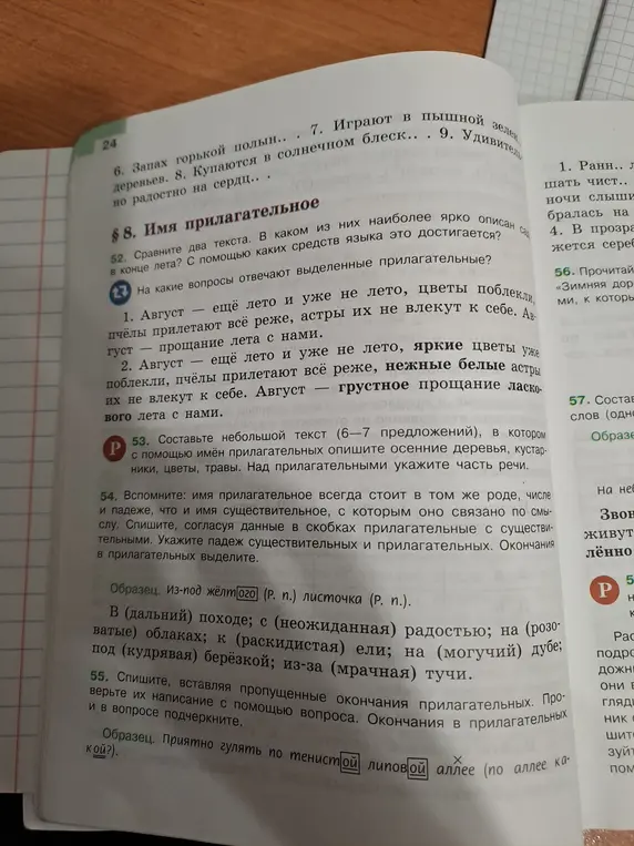 Выполни упражнения 54 и 55: спиши предложения, согласуя прилагательные с существительными, укажи падеж, выдели окончания и вставь пропущенные окончания прилагательных.