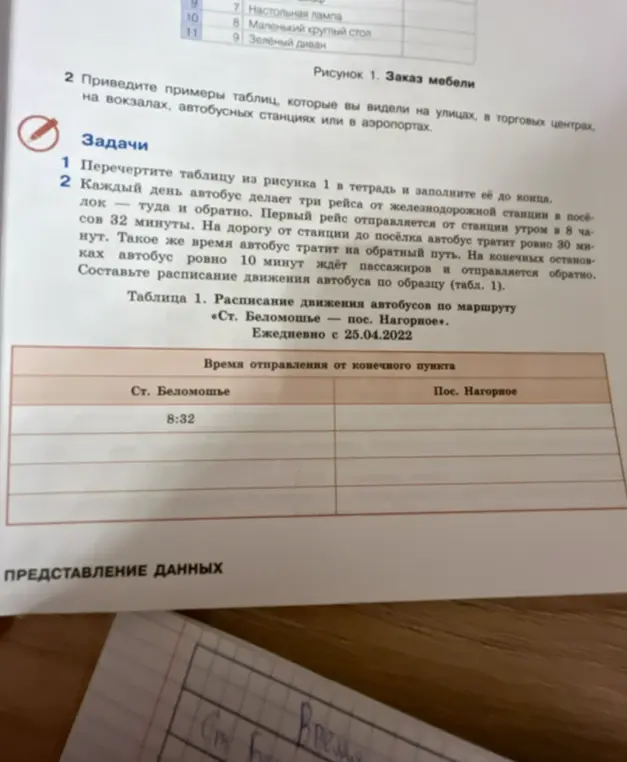 Составь расписание движения автобуса по образцу (табл. 1)