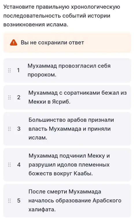 Составь правильную хронологическую последовательность событий истории возникновения ислама.