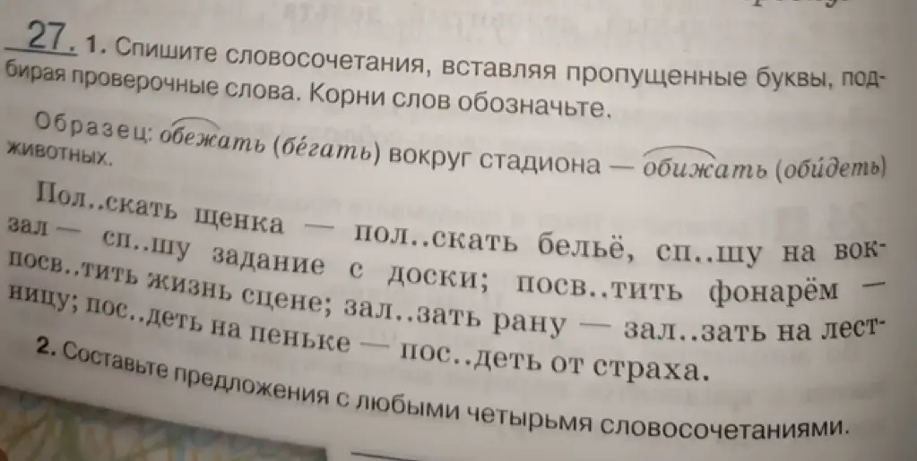 Выполни упражнение: спиши словосочетания, вставляя пропущенные буквы, подбирая проверочные слова. Корни слов обозначь.