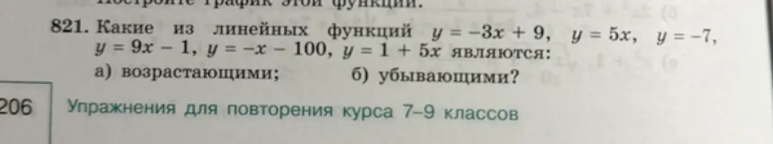 Определи, какие из линейных функций y = -3x + 9, y = 5x, y = −7, y = 9x − 1, y = -x 100, y = 1 + 5х являются возрастающими