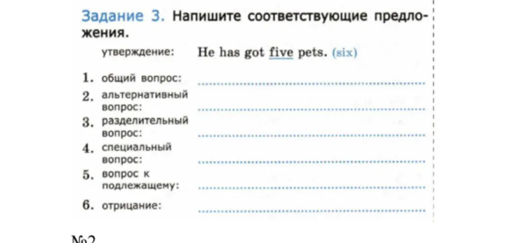 Можешь помочь составить разные типы вопросов и отрицание из предложения 'He has got five pets'?