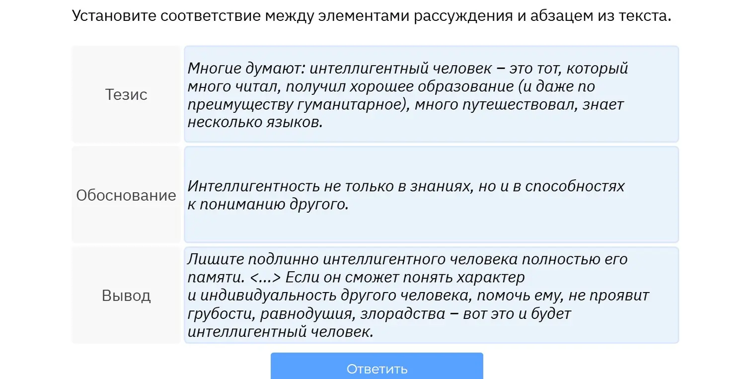 Определи соответствие между элементами рассуждения и абзацем из текста