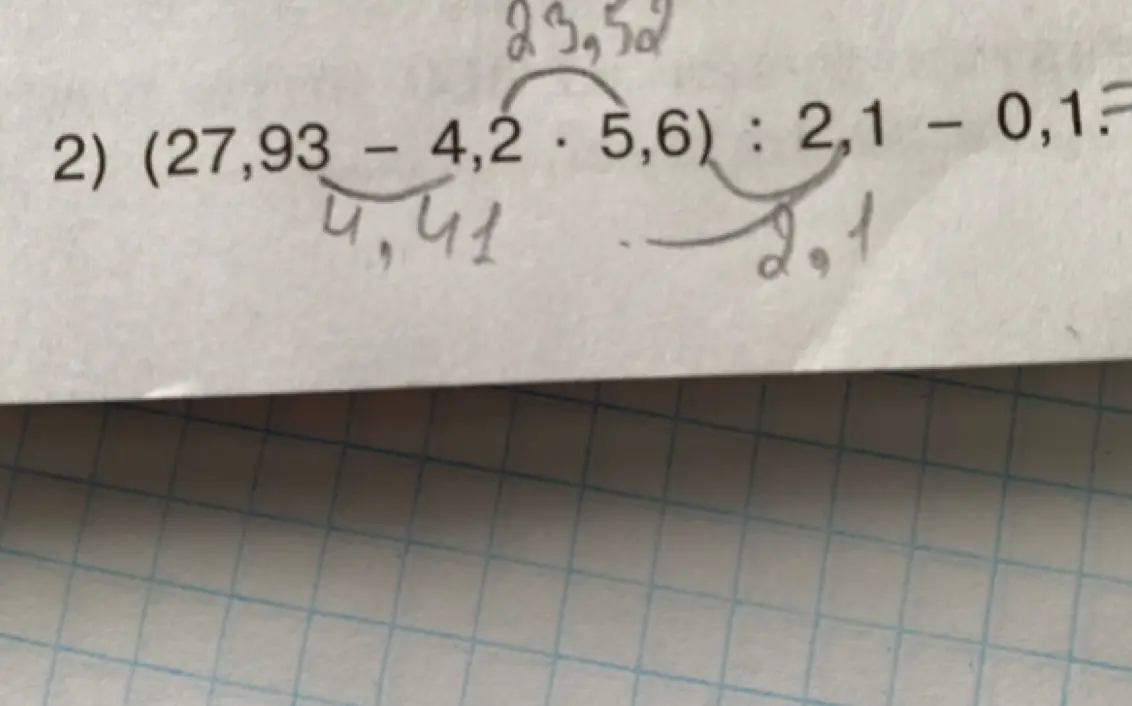 Вычисли выражение (27,93 – 4,2 * 5,6): 2,1 - 0,1