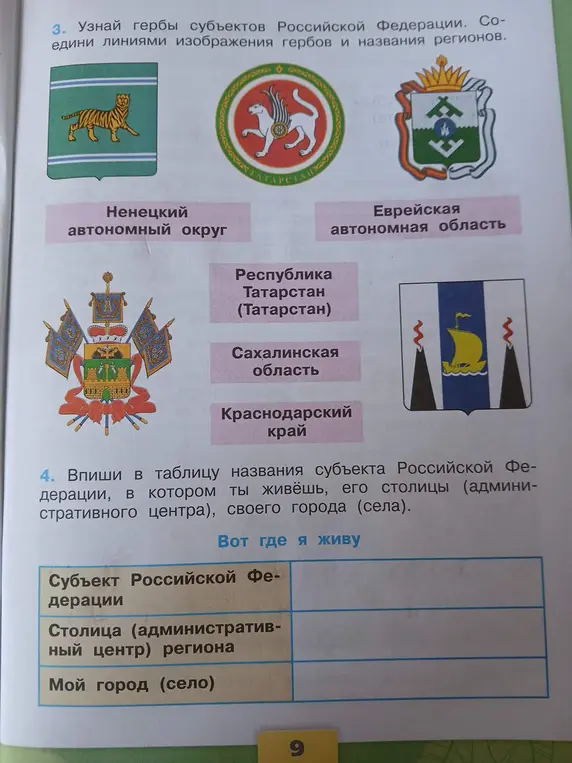 Узнай гербы субъектов Российской Федерации и соедини линиями изображения гербов и названия регионов.