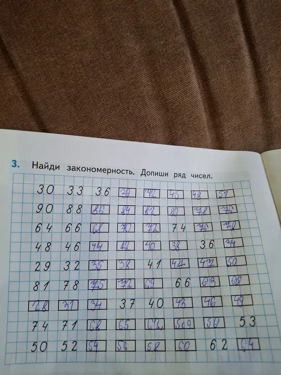 Найди закономерность и допиши ряд чисел: 30, 33, 36...