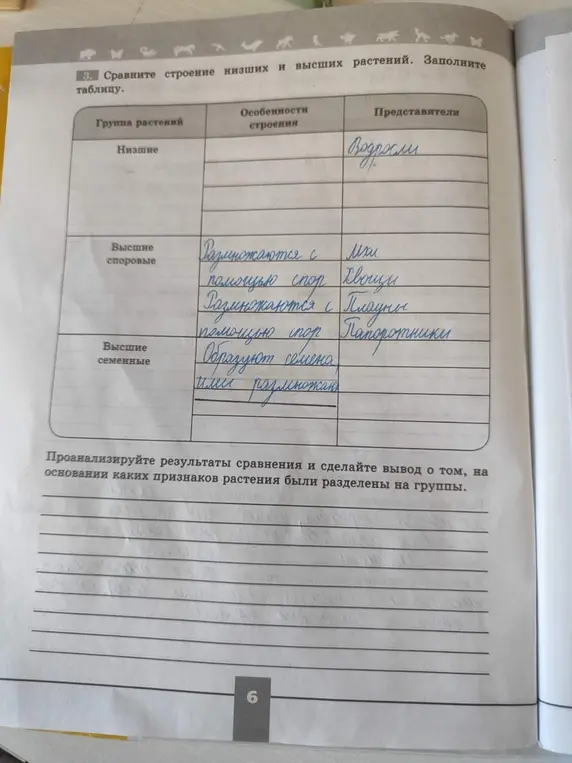 Заполни таблицу, сравнивая строение низших и высших растений.