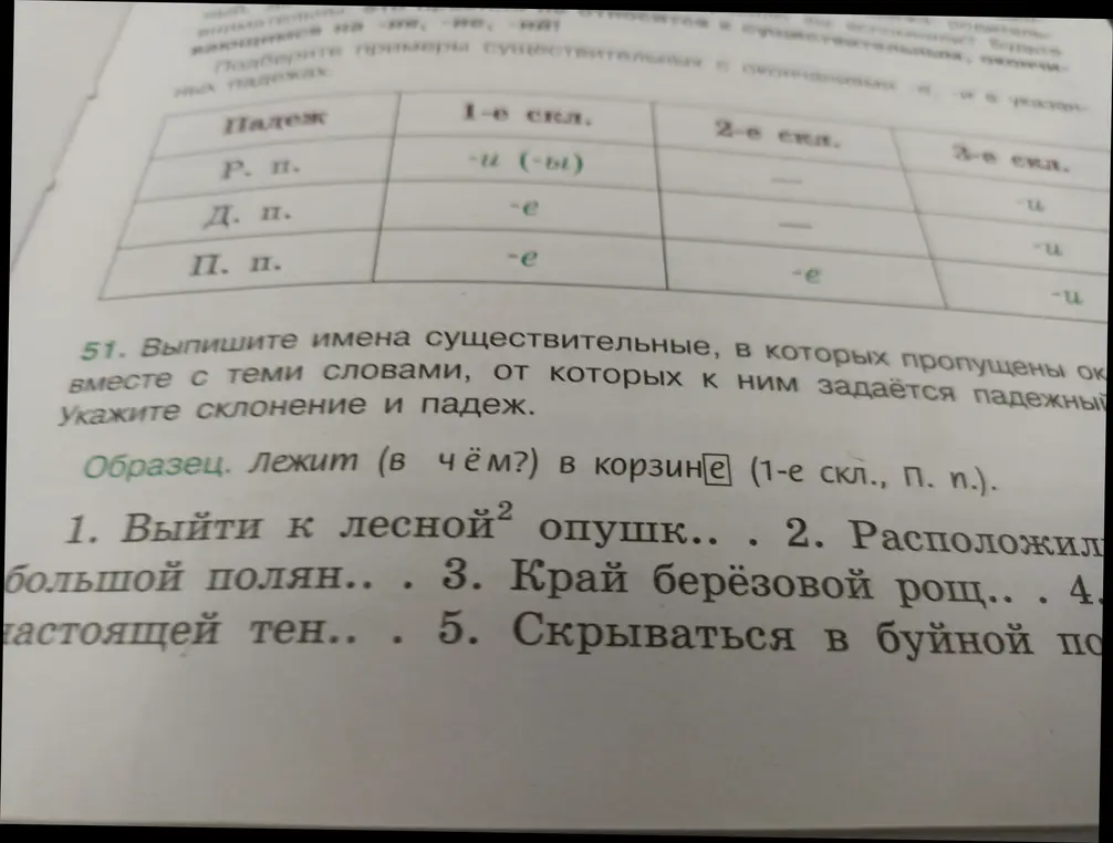 Помоги определить падеж и склонение существительных в предложении 'Выйти к лесной опушк'..