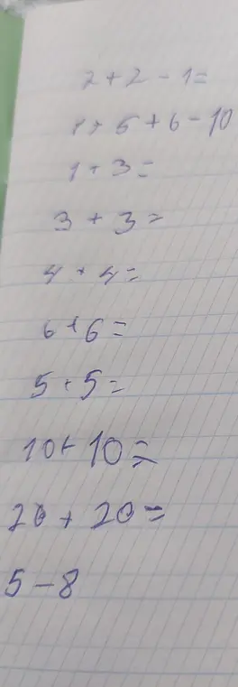 Реши примеры: 2+2-1=, 1+5+6-10=, 1+3=, 3+3=, 4+4=, 6+6=, 5+5=, 10+10=, 20+20=, 5-8