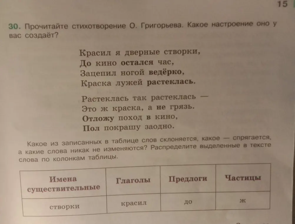Распредели выделенные в тексте слова по колонкам таблицы