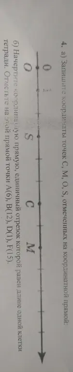 Ты просишь записать координаты точек C, M, O, S, отмеченных на координатной прямой, и начертить координатную прямую и отметить на ней точки А(6), B(12), D(1), F(15).