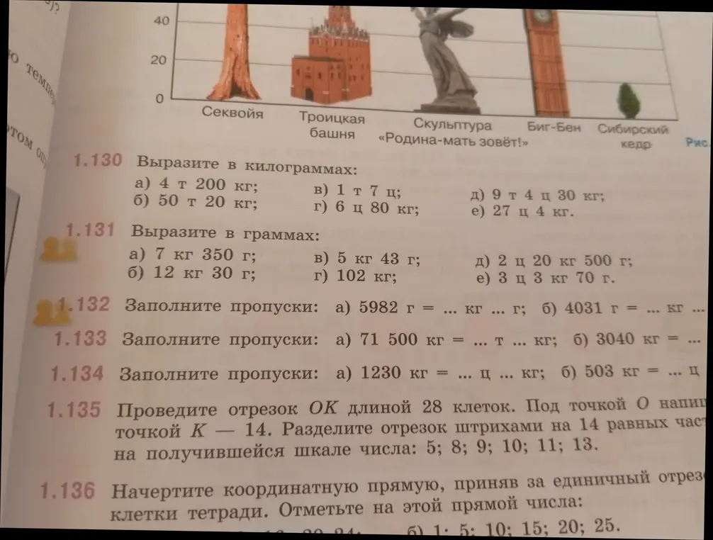 Объясни, как выразить в килограммах/граммах значения из задания 1.130 и 1.131, заполни пропуски в задании 1.132, 1.133 и 1.134, выполни задания 1.135 и 1.136