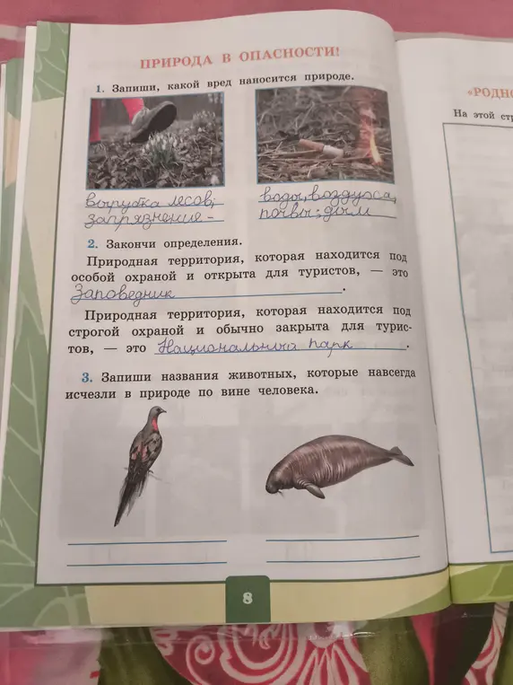 Ты просишь записать, какой вред наносится природе, закончить определения и записать названия животных, которые навсегда исчезли в природе по вине человека.