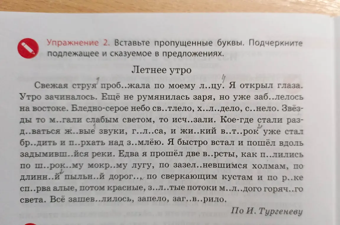 Ты просишь подчеркнуть подлежащее и сказуемое в предложениях текста "Летнее утро".