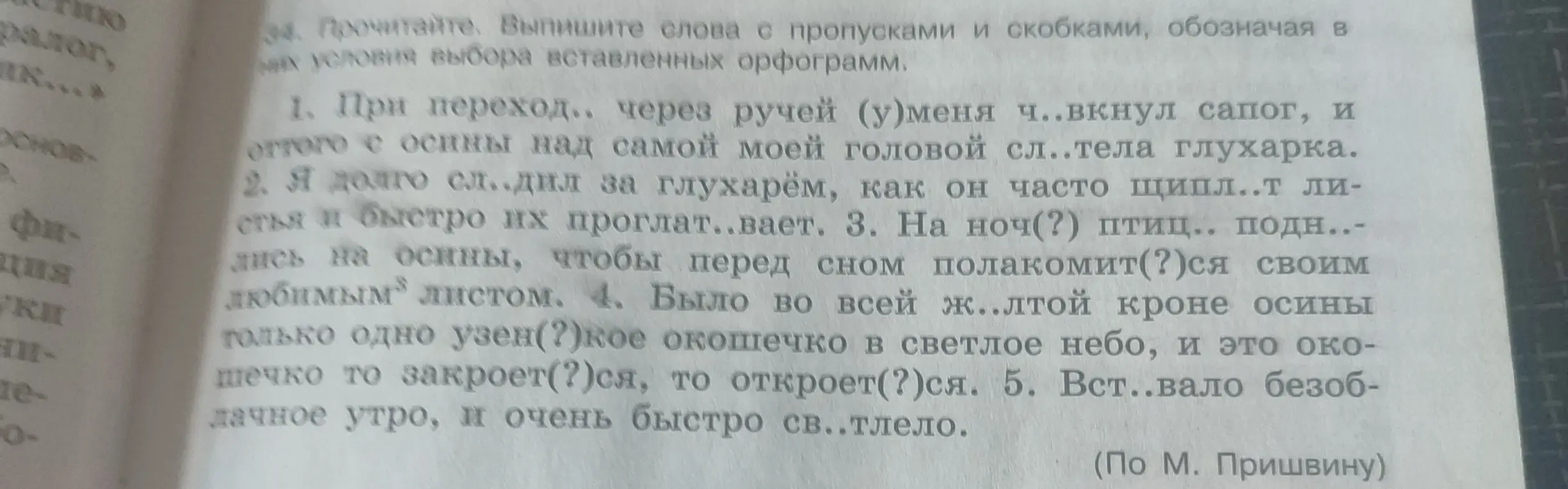 Ты просишь выписать слова с пропусками и скобками и обозначить условия выбора вставленных орфограмм в тексте про ручей и сапог.