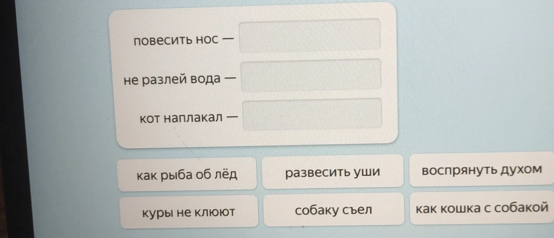 Подбери к фразеологизму пару с противоположным значением
