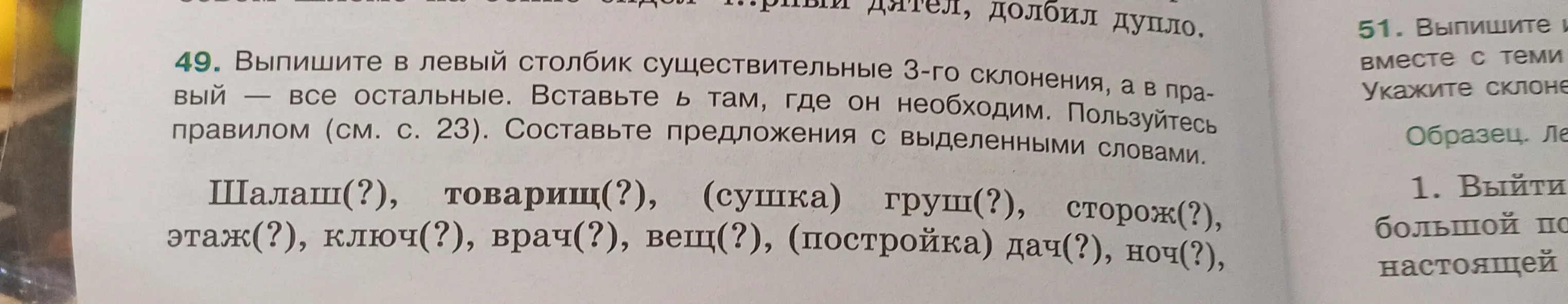 Выпиши в левый столбик существительные 3-го склонения, а в правый - все остальные