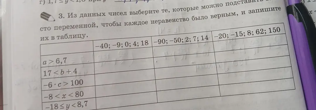 Ты просишь выбрать из чисел те, которые можно подставить вместо переменной, чтобы каждое неравенство было верным.