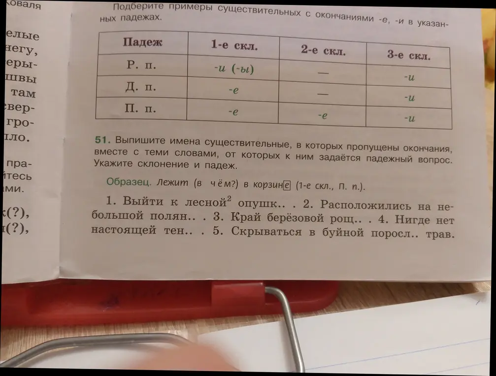 Ты просишь выписать имена существительные, в которых пропущены окончания, вместе с теми словами, от которых к ним задаётся падежный вопрос и указать склонение и падеж в первом предложении