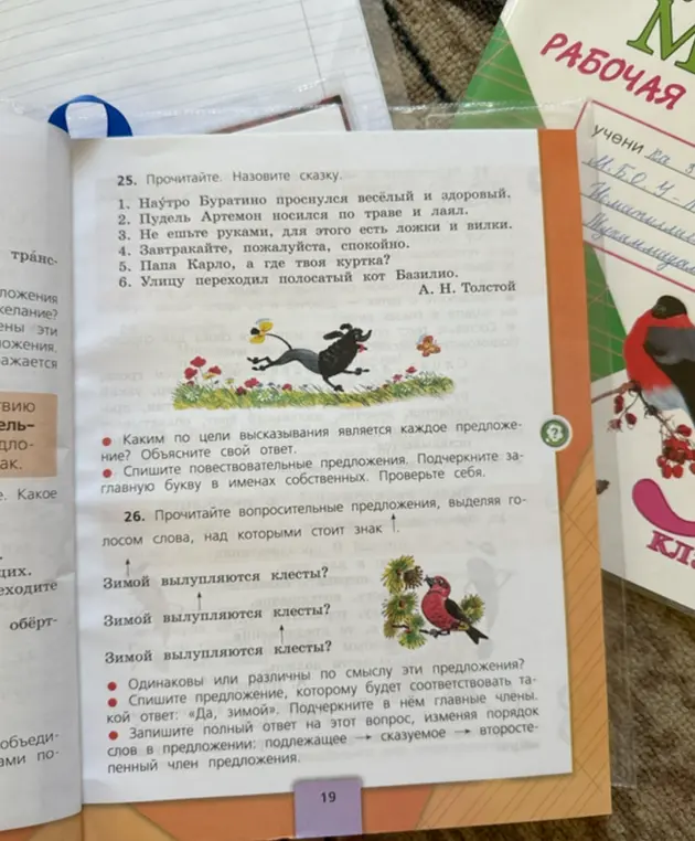 Определи цель высказывания каждого предложения, спиши повествовательные предложения, подчеркни заглавную букву в именах собственных.