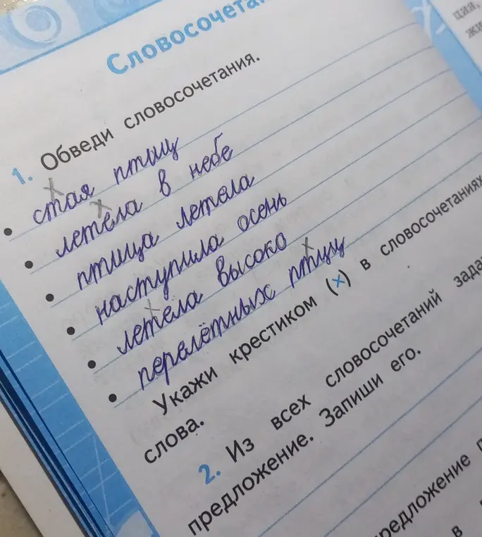 Укажи крестиком (х) в словосочетаниях слова.