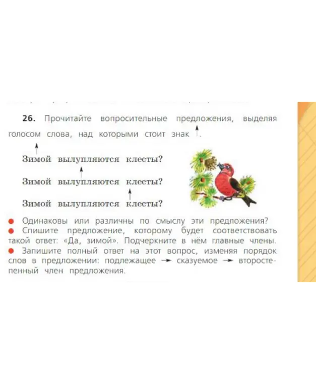 Выполни задание из упражнения: определи смысл предложений, спиши предложение с ответом «Да, зимой», подчеркни главные члены и запиши ответ, изменив порядок слов