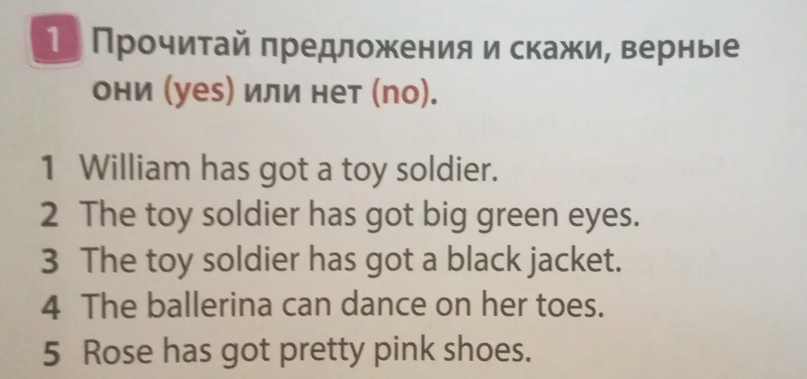 Прочитай предложения и скажи, верные они (yes) или нет (no). William has got a toy soldier.