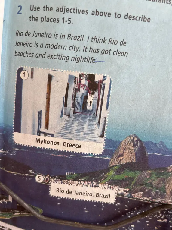 Помоги описать места (Mykonos, Rio de Janeiro), используя прилагательные