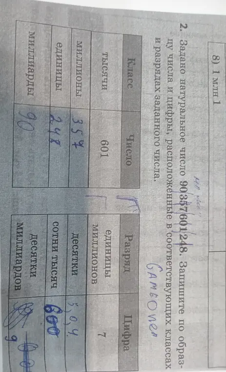 Мне задали натуральное число 90357601248. Просят записать по образцу числа и цифры, расположенные в соответствующих классах и разрядах заданного числа.