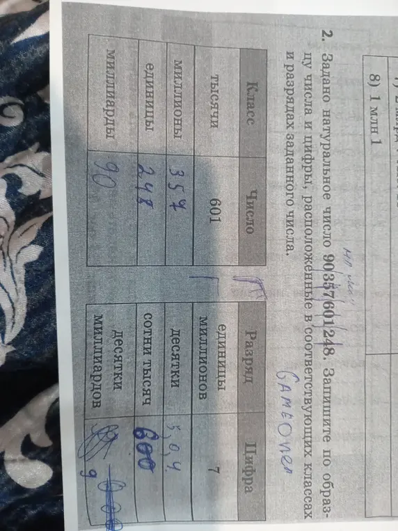 Запиши по образцу числа и цифры, расположенные в соответствующих классах и разрядах заданного числа 90357601248.