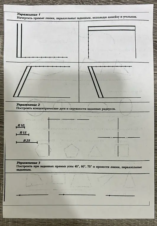 Ты просишь начертить прямые линии, параллельные заданным, используя линейку и угольник.