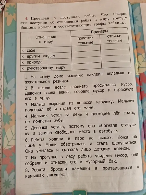 Помоги составить таблицу, о поступках ребят