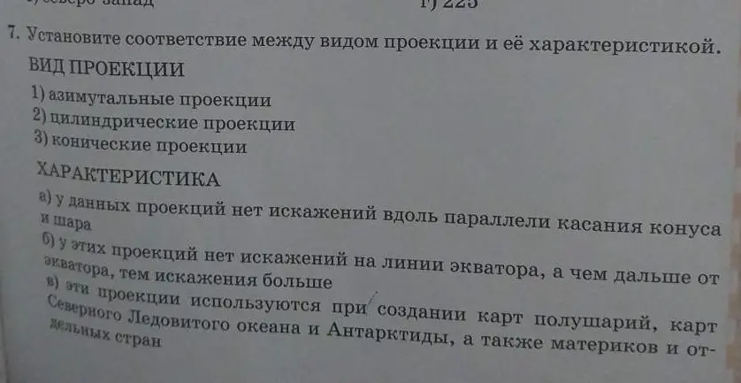 Помоги установить соответствие между видом проекции и её характеристикой.