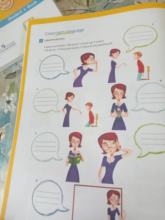 Подпиши картинки, используя фразы: Open your books!, Be quiet!, Stand up!, Listen!, Sit down!, Close your books!, Come to the blackboard!